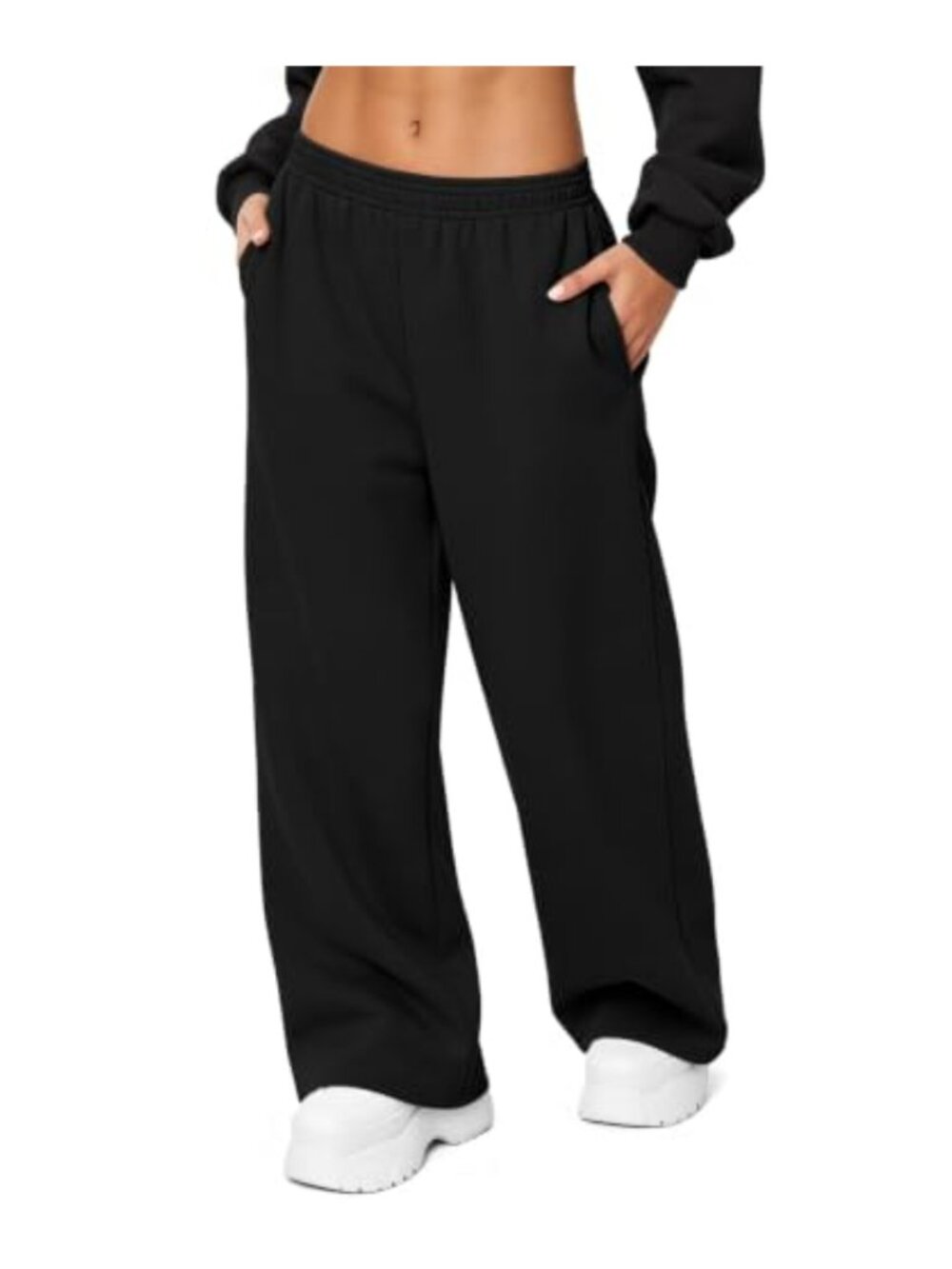 Fleece Lined Cotton Wide Leg Sweatpants Drawstring Pockets Jogger